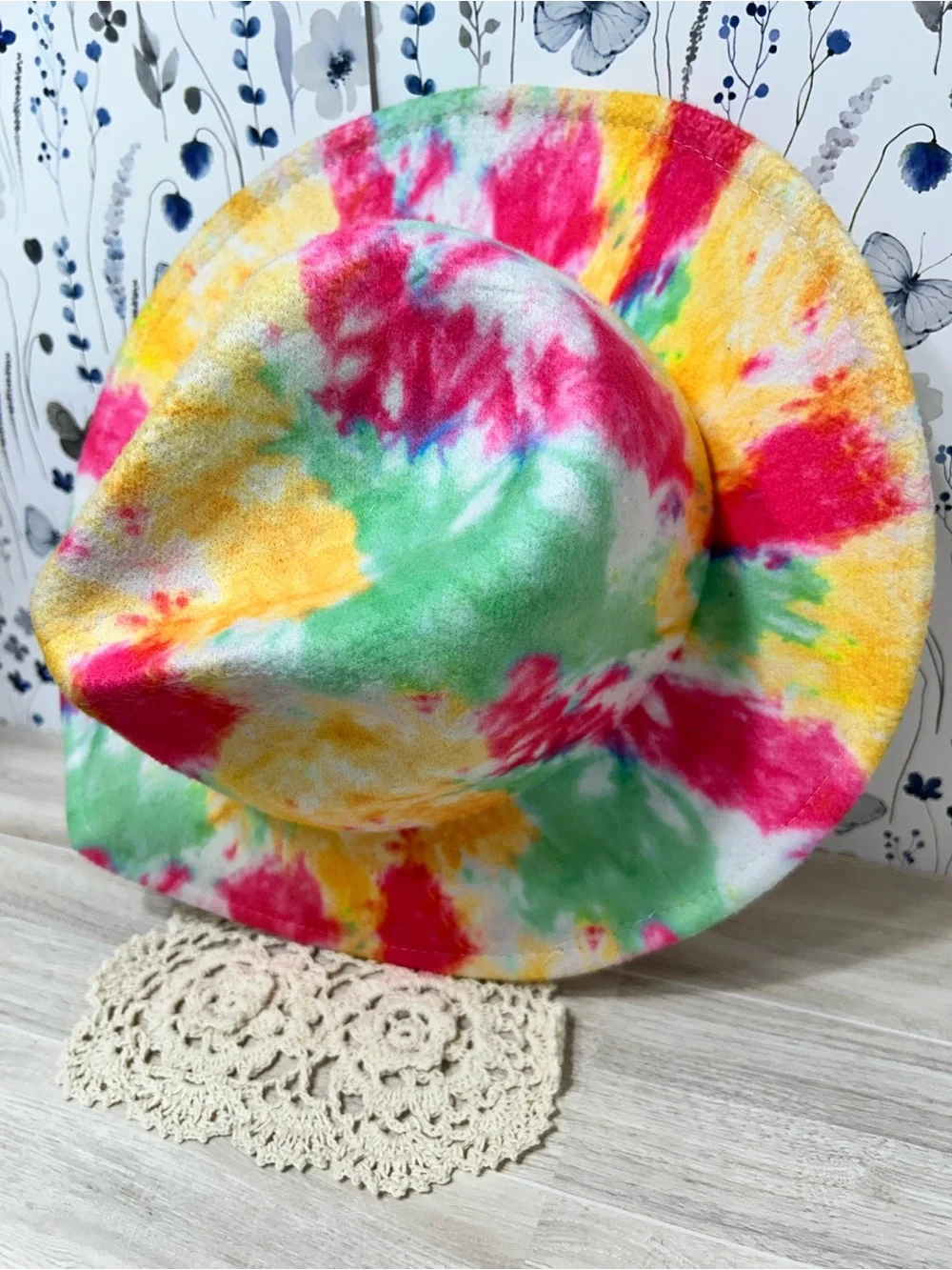 Colorful Tie Dye Wide Brim Fedora Hat Size 58 Boho Festival
